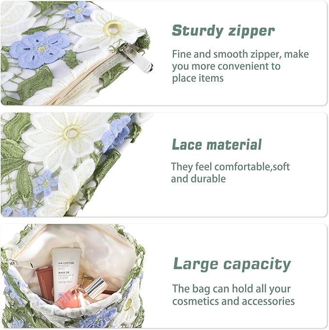 Flower Makeup Bags Travel Large Floral Cosmetic Bag for Women Cute Makeup Pouch Zippered Portable Toiletry Bag Lace Trendy Aesthetic Make up Organizer Bag Cosmetic Pouch for Purse