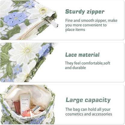 Flower Makeup Bags Travel Large Floral Cosmetic Bag for Women Cute Makeup Pouch Zippered Portable Toiletry Bag Lace Trendy Aesthetic Make up Organizer Bag Cosmetic Pouch for Purse