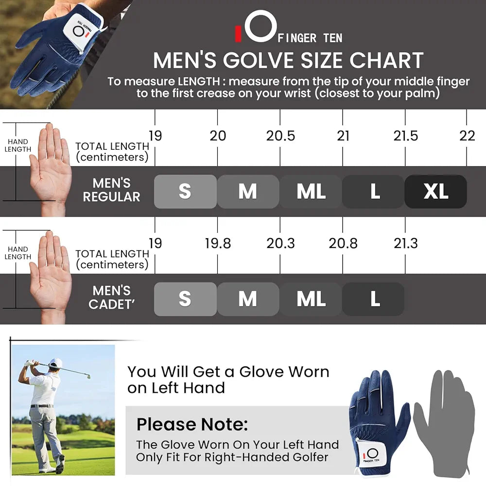 FINGER TEN Golf Gloves Men Left Hand Rain Grip Glove for Right Handed Golfer Value 3 Pack, All Weather Durable Grip Size Small Medium Large XL White Black Blue