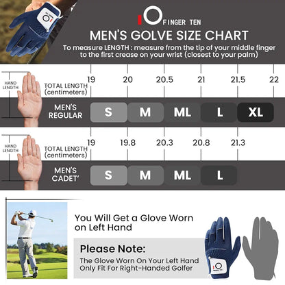 FINGER TEN Golf Gloves Men Left Hand Rain Grip Glove for Right Handed Golfer Value 3 Pack, All Weather Durable Grip Size Small Medium Large XL White Black Blue