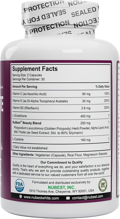 NuBest White - Glutathione 400mg & Milk Thistle Extract - Skin Brightening Supplement - Supports Beautiful and Radiant Skin - Antioxidant & Detoxification - 1 Pack | 1 Months Supply