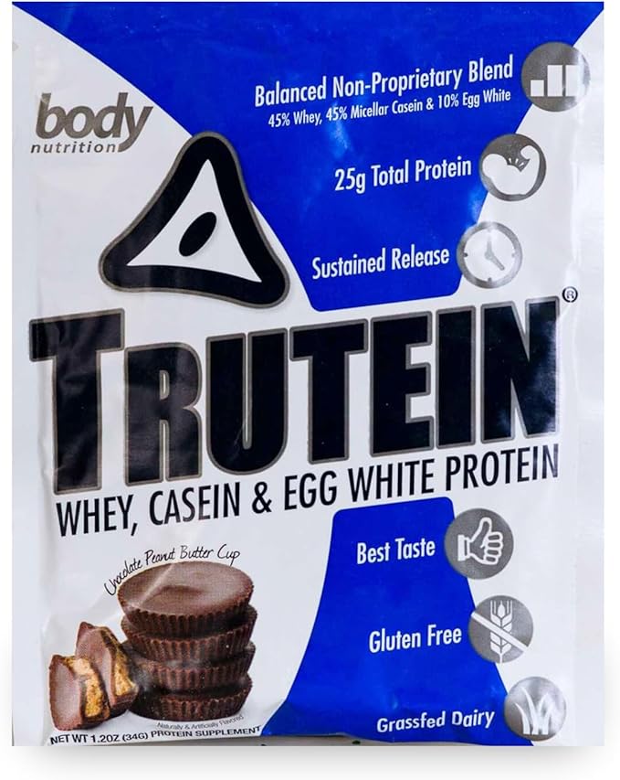 Body Nutrition Trutein High Protein Powder: 45% Whey, 45% Casein, 10% Egg White, Gluten-Free, Low Sodium, Grass Fed Whey Protein, Gym Supplement & Breakfast Shake, Chocolate Peanut Butter, 34g Sample