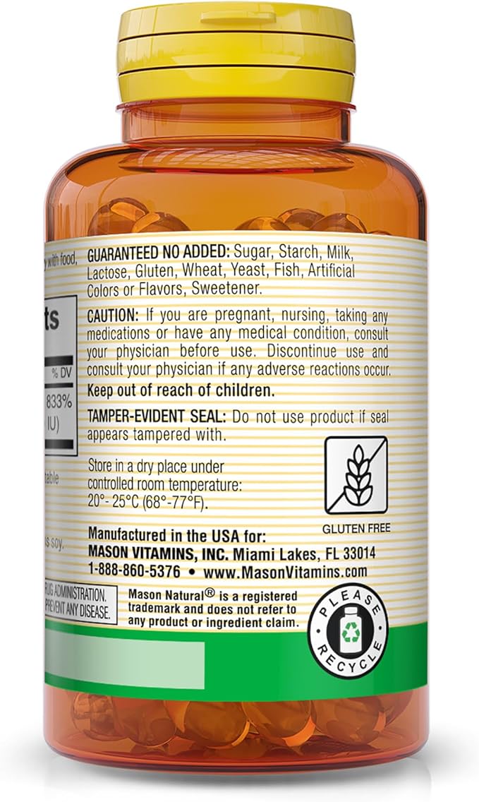 MASON NATURAL Vitamin A Beta Carotene 25,000 IU - Supports Healthy Vision, Cell Function & Immune Function, 100 Softgels (Pack of 3)