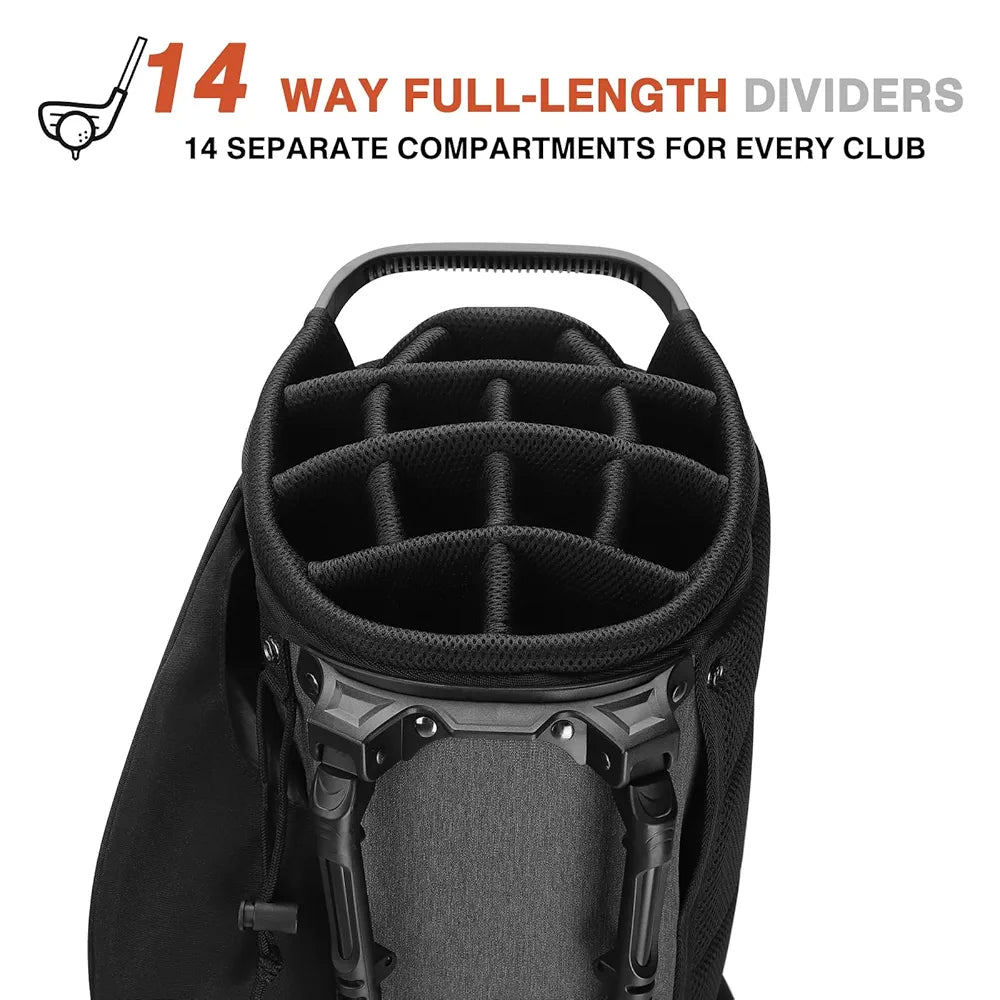 Golf Stand Bag 14 Way Top Dividers Full-Length with Stand, 7 Pockets, Lightweight Golf Bag for Men, Dual Strap, Rain Hood, Portable Golf Club Bag for Men Women