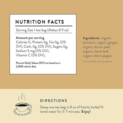 Organic Whole Health Tea, 30 Tea Bags with Turmeric, Ginger, Lemon and Black Pepper