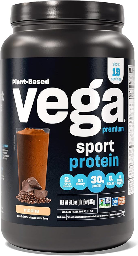 Vega Premium Sport Protein Mocha Protein Powder, Vegan, Non GMO, Gluten Free Plant Based Protein Powder Drink Mix, NSF Certified for Sport, 28.6 oz