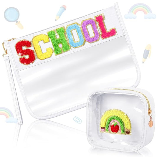 Hillban 2 Pcs Welcome Back to School Gift Bags Pencil Pouch Clear Case Chenille Letter Makeup Cosmetic Bags Toiletry Travel Purse First Day of School Waterproof PVC Organizer Storage for Women