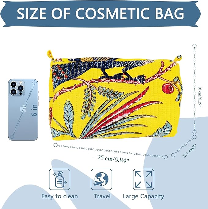 Rastogi Handicrafts Cosmetic Bags Set, 3 Piece Make Up Organizer Bag Storage Bags with Zipper Closure (3, Yellow, Design-8)