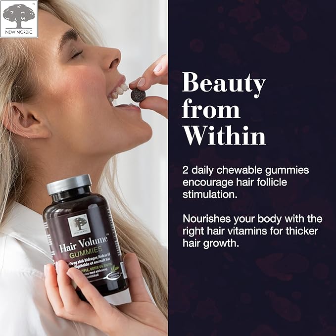 NEW NORDIC Hair Volume Gummies, 2500 mcg Biotin Daily Intake, Hair Vitamins to Support Hair Skin & Nails, Vegan Hair Supplement for Men and Women, 60 Count (Pack of 1)