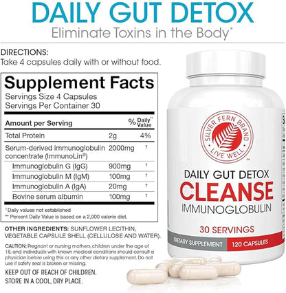 Silver Fern Cleanse - Daily Gut Detox - 2 Bottle - 240 Capsules - 60 Day Supply - Immunoglobulin G, A & M -(IgG, IGA, IgM) - Digestive System Detoxificaton & Immune System Support - Postbiotic