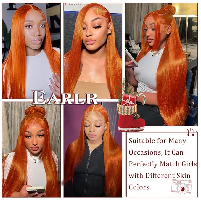 Ginger Lace Front Wig Human Hair 13X4 HD Transparent Lace Front Wig Colored Straight Lace Front Wig 150% Density Pre Plucked Natural Hairline with Baby Hair Ginger Orange Wig Human Hair 28Inch