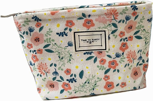 Flower Fabric Makeup Bag for Purse, Vintage Corduroy Cosmetic Pouch Bag, Portable Travel Handbag for Women Girls (Beige flowers)