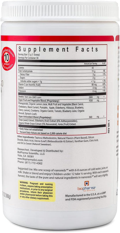 Biopharma Scientific Nanoreds: Reds Superfood Fruit & Vegetable Powder Smoothie Mix for Digestive Health & Immunity with Antioxidants, VitaminC, Elderberry, Pomegranate, Berry Flavor, 30 Servings