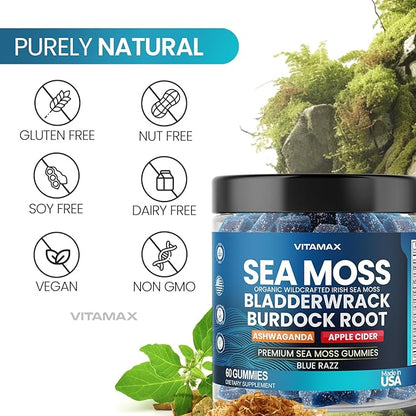 Irish Sea Moss Gummies, Sea Moss 3000mg, Bladderwrack 2000mg, Ashwagandha 800mg, Burdock Root 400mg, ACV, Non-GMO and Vegan – Made in USA – 60ct