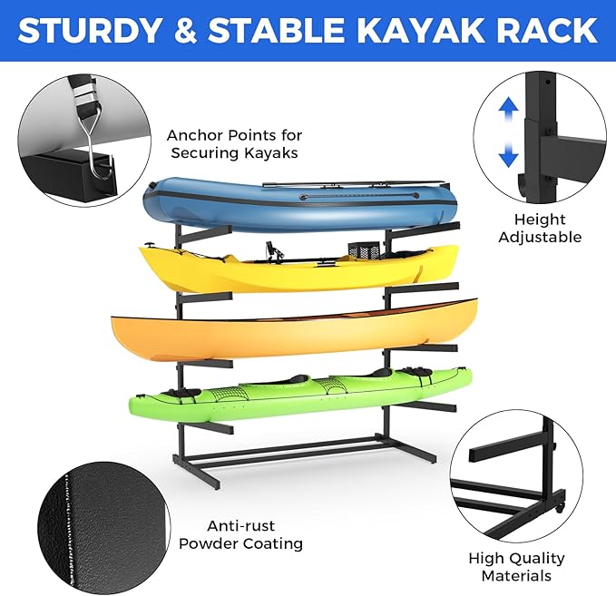 Kayak Storage Rack, Heavy Duty Adjustable Freestanding Kayak Stand with Wheels or Protection Pad for Kayaks, SUPs, Canoe and Paddleboard Kayak Rack for Indoor & Outdoor Use