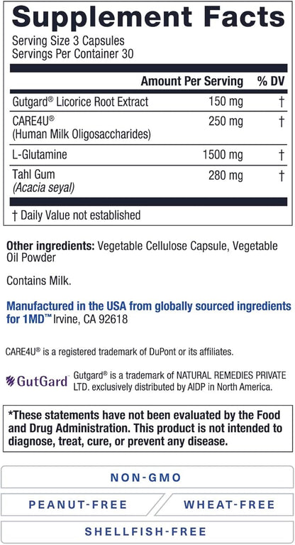 1MD Nutrition GutMD - L-Glutamine Capsules w/Prebiotic for Gut Health - L Glutamine Supplement - Supports Healthy Digestive Tract Integrity - 90 Capsules