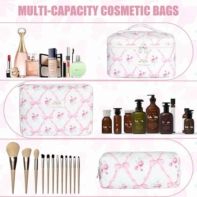 Quilted Makeup Bag Set, 3Pcs Large Checkered Corduroy Cosmetic Bags, Cute Coquette Makeup Bag Toiletry Zipper Pouch Bag for Women and Girls Checkered