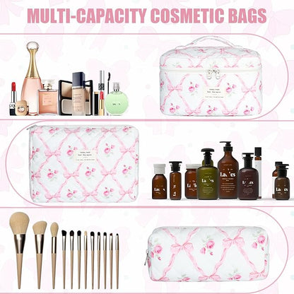 Quilted Makeup Bag Set, 3Pcs Large Checkered Corduroy Cosmetic Bags, Cute Coquette Makeup Bag Toiletry Zipper Pouch Bag for Women and Girls Checkered