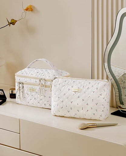 HBselect 2Pcs Travel Makeup Bag, Large Cotton Quilted Makeup Bag Cosmetic Bag Cute Make up Bag Toiletry Bags for Women Girls