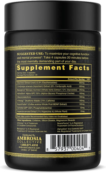 Ambrosia Mental Jewels (Capsules) - Cognitive Enhancer | Increase Memory, Communication Skills, Concentration & Focus | Alpha GPC, Choline, BaCognize | 120 Veggie Capsules (30 Day Supply)