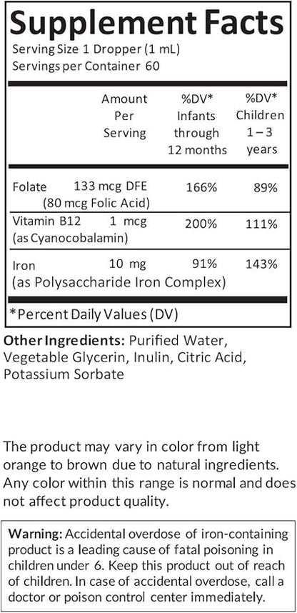 Kiddivit Baby Iron Liquid Drops with Vitamin B12 & Folate - 60 Daily Servings, 2 Fl Oz (60 mL) - Inulin Fortified (Prebiotic, Dietary Fiber) - Sugar Free, Gluten Free, Vegetarian Friendly