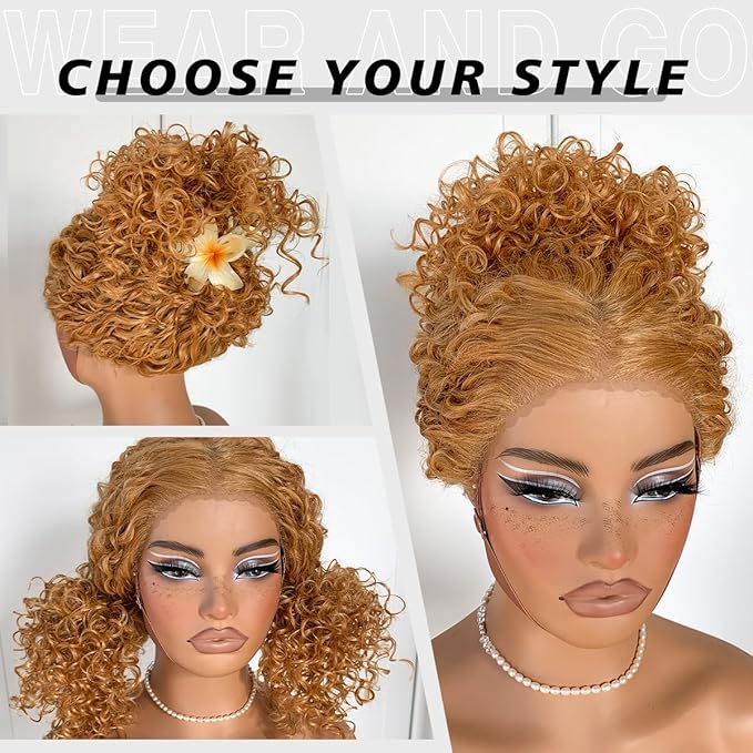 Honey Blonde Curly Wig Wear And Go Glueless Pre-Plucked Synthetic HD Lace Frontal Wig 13x6 Afro Wig Blonde Kinky Curly