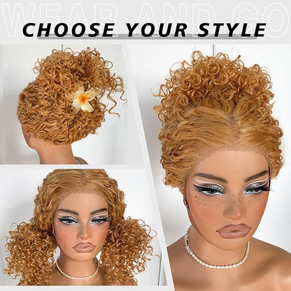 Honey Blonde Curly Wig Wear And Go Glueless Pre-Plucked Synthetic HD Lace Frontal Wig 13x6 Afro Wig Blonde Kinky Curly