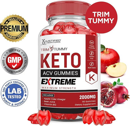 Trim Tummy Keto ACV Gummies Extreme 2000MG Trim Tummy Keto Gummies Apple Cider Vinegar Formulated with Pomegranate Beet Juice Powder B12 Vegan Non GMO 60 Gummys