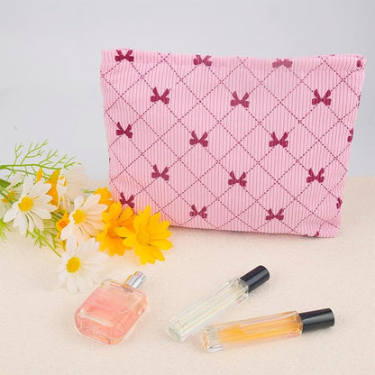 ZLFSRQ Corduroy Makeup Bag for Women Preppy Large Capacity Cosmetic Bags Travel Toiletry Organizer Pouch for Purse Zipper Makeup Brushes Storage Tote Bag Cute Y2K Aesthetic Essential Bags（Pink Bow）