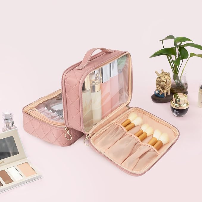 OCHEAL Makeup Bag, Double Layer Cosmetic Bag, Large Capacity New Look Clear Cosmetic Case for Women Travel Beauty Essentials, Multiple Compartments Makeup Case Organizer Zipper Pouch -Nude Pink