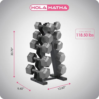 HolaHatha Hexagonal Dumbbell Free Hand Weight Set w/Rack