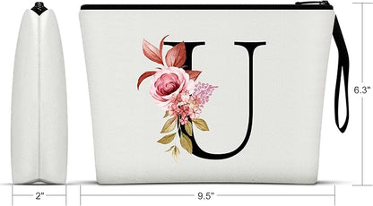 Vavabox A-Z Personalized Makeup Bag, Birthday Gifts for Women Mom, Gifts for Best Friend, Bride Bridesmaid Cosmetic bag (U, White)