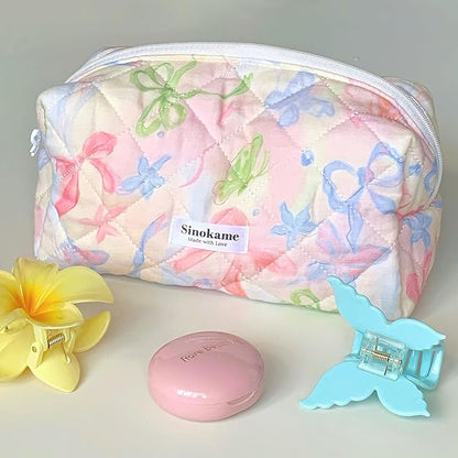 Cotton Quilted Makeup Bag Small, Bow Coquette Aesthetic Cosmetic Bag Case Travel Storage Skincare Bag Brush Organizer for Women,Coquette Girl