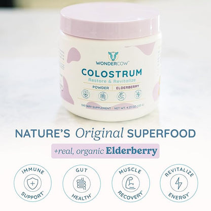 WONDERCOW Colostrum Supplement Powder for Gut Health, Immune Support, Muscle Recovery & Wellness | Natural IgG Pure Whole Bovine Colostrum Superfood, Elderberry, 60 Servings