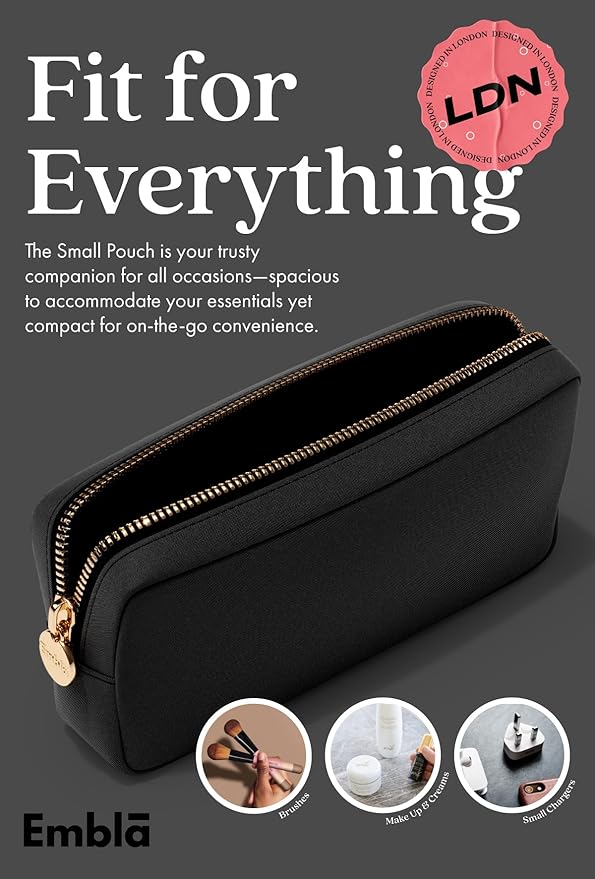Embla Makeup Bag Travel Cosmetics Pouch and Toiletry Bag, Nylon Zipper Pouch Purse, Cute Make Up Organizer Storage Tote for Women Girls, Waterproof Travel Skincare Case, Small Makeup Bags, Black Noir