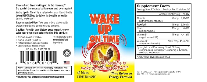 Wake Up On Time Energy Supplement to Help Boost Your Mornings with Alertness & Focus for a Productive Day with Natural Caffeine & More - 40 Tablets