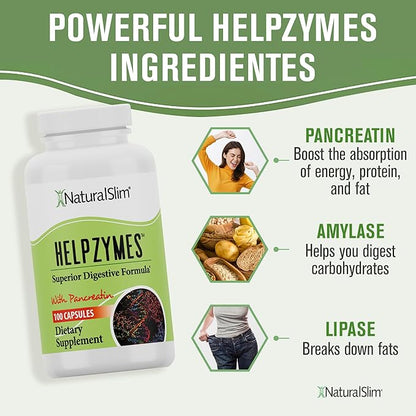 NaturalSlim Helpzymes Digestive Enzymes for Digestion, Bloating, Gas Relief & Gut Health Supplement - Digestion Supplement* with Pancreatin, Betaine HCL & Daily Essential Enzyme - 100 Caps (3 Pack)