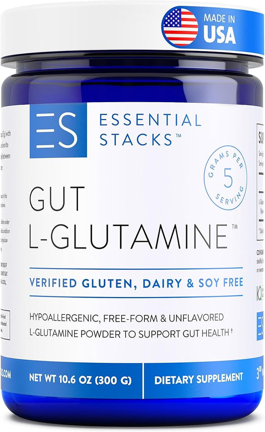 Essential Stacks Gut L-Glutamine Powder - Made in USA - Pure L Glutamine Powder for Gut Health - Dairy, Soy & Gluten Free, Non-GMO, Vegan Glutamine Supplement