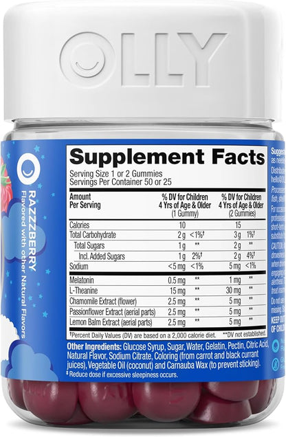 OLLY Kids Sleep Gummy, Occasional Sleep Support, 0.5mg Melatonin, L Theanine, Chamomile, and Lemon Balm, Childrens Chewable Supplement, Raspberry - 50 Count