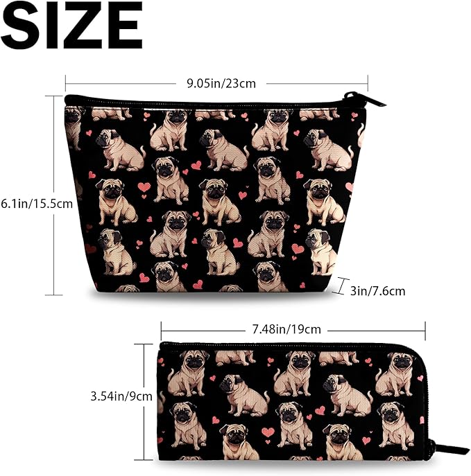Pug Dog Makeup Bag for Purse - 2Pcs Cosmetic Bags Travel Toiletry Bags for Women Makeup Organizer Zipper Pouch