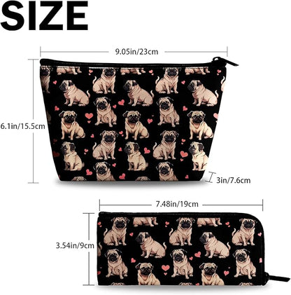 Pug Dog Makeup Bag for Purse - 2Pcs Cosmetic Bags Travel Toiletry Bags for Women Makeup Organizer Zipper Pouch