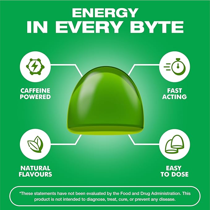 Energy Bytes Caffeine Gummies | Instant Energy Chews for Running, Cycling and Sports Performance | Vegan, Low Sugar | Apple Flash (12-Pack)