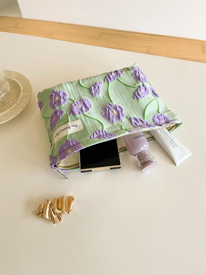 The Summer Swan | Large Aesthetic Makeup Bag | Floral Makeup Bag | Mid-day Clutch | Period Kit Bag | Hygiene Bag | Skincare Bag | Cute Makeup Bag (Color Block Floral Purple), CosmeticBag10575
