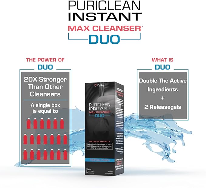 Wellgenix Puriclean Instant Max Cleanser Duo, 20X Stronger Fast Acting Powder & Softgels, Tropical Punch Flavor, Premium Herbal Cleanse Detox, Ideal for Extreme Toxin Levels, 1 Packet & 2 Releasegels