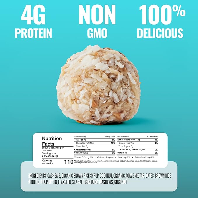 The Gluten Free Brothers Coconut Cashew Bites - Gluten Free Protein Balls – Non GMO, Soy Free, Vegan – Snack Size Plant Based Protein Energy Balls, 4 oz (6 Count)