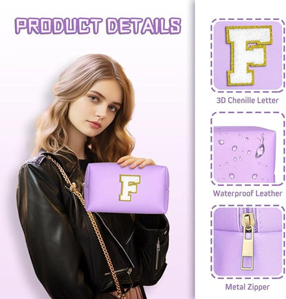 TOPEAST Travel Makeup Bag, Personalized Initial Toiletry Bag w Zipper, Cute Makeup Pouch, PU Leather Waterproof Cosmetic Bag, Birthday Gift for Daughter, Preppy Things for Girls (Purple G)