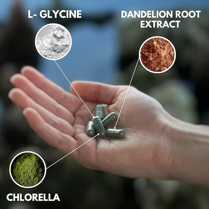 Chlorella, L - glycine, Dandelion Root. Enchances Immune Function, Gut Health. Aids in reducing inflamation. Alkaline Body Detox from Heavy Metals, aids Liver and Kidney Health. 60 Capsules