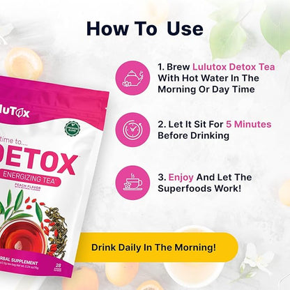 LULUTOX Detox Tea - Herbal Blend with Dandelion, Ginseng, and Ginger - Supports A Healthy Weight, Digestive Health - Vegan, All Natural, Laxative-Free - Peach Flavor (3 pack x 28 servings)