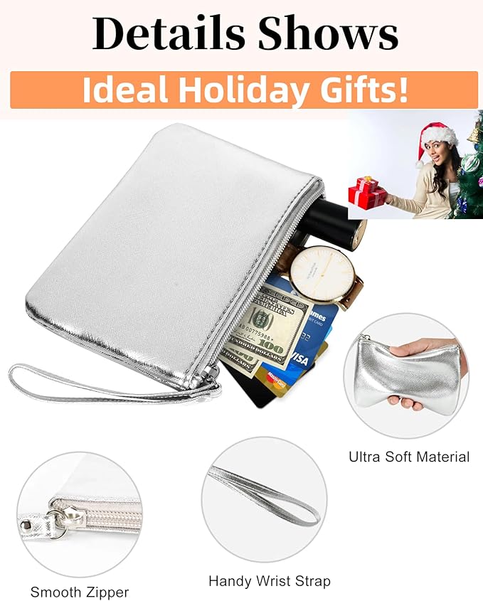 Small Makeup Bag for Purse Mini Cosmetic Pouch Zipper Little Wristlet, Tiny Make Up Organizer Lipstick Feminine Product Car Change Coin Holder for Women Handbags, 8 x 5 Clutch Phone Wallet,1 Silver
