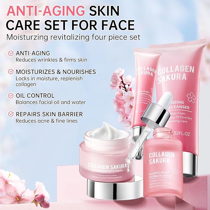 JAPAN SAKURA Skin Care Set, Cherry Blossom Skincare Set for Teen Girls & Women, Moisturizing & Repairing Skin, 4 Pcs Collagen Skin Care Kits for Travel with Facial Cleanser, Serum, Cream & Eye Cream